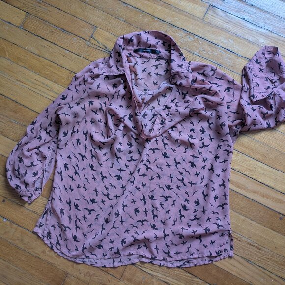 Modcloth Edgar Allan Poetess cowl neck sheer chiffon ravens blouse L - Picture 2 of 3